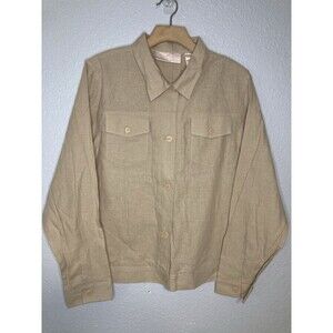 VTG Linen Blend Shirt Womens XL Beige Tan Button Academia Minimal Classic Blues